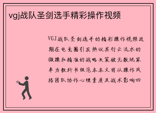 vgj战队圣剑选手精彩操作视频