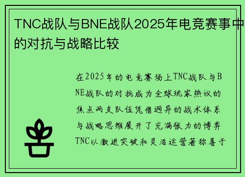 TNC战队与BNE战队2025年电竞赛事中的对抗与战略比较
